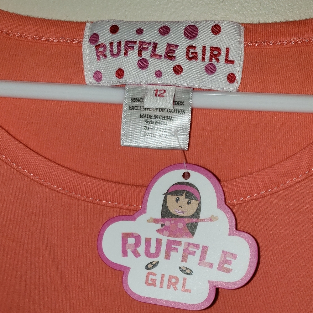 Boutique Ruffle Girl two piece set, size 12 coral top w/coral and gray stripes